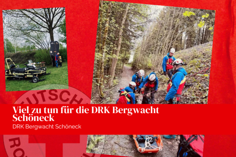 Die DRK Bergwacht Schöneck auf der Feier in Arnsgrün mit Kletterwand und bei einer Übung im Gelände.