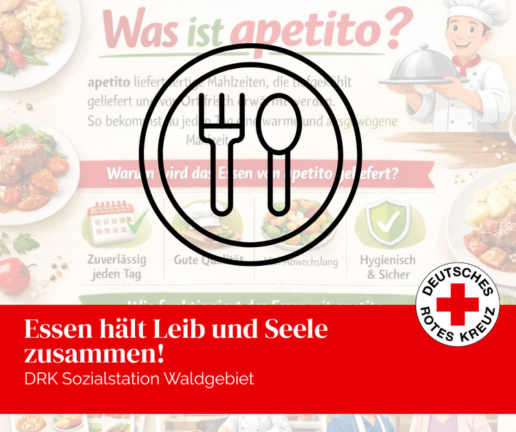 Im Hintergrund ein Werbeplakat des Essensanbieters apetito und im Vordergrund, als Grafik, ein Teller mit Besteck.